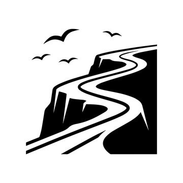 Black and white silhouette of a winding path along a steep cliff edge with flying birds, isolated on a white background