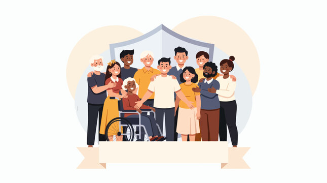Diverse community group standing together with a protective shield, symbolizing unity, support, and social inclusion for people of all ages and abilities
