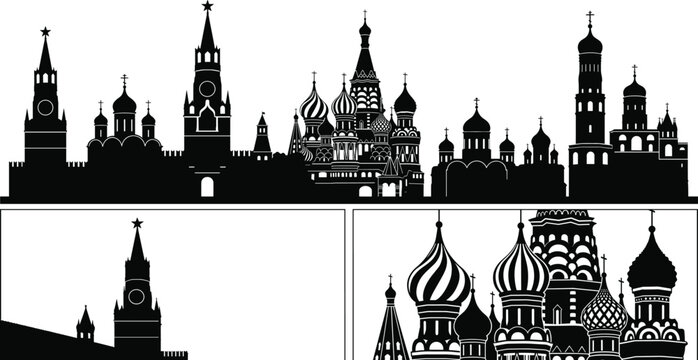 Black silhouette collection of historic Moscow architecture and famous cathedrals for travel and cultural design