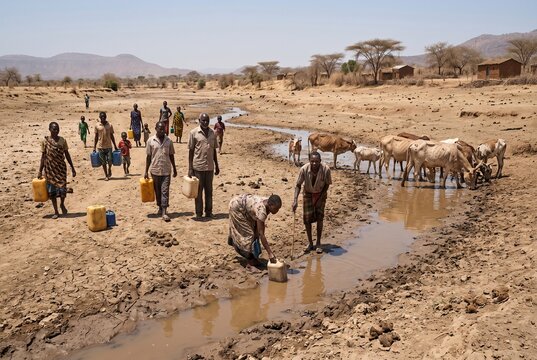 Scorched earth's embrace a community's daily trek for vital water under a relentless sun