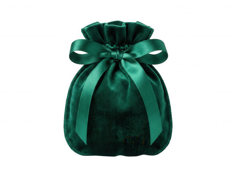 Emerald green velvet pouch with drawstring closure isolated on a transparent background