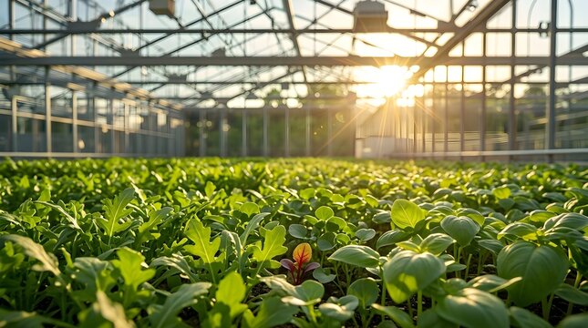 Lush green plants growing in a large indoor greenhouse with sunlight shining through the roof at sunrise