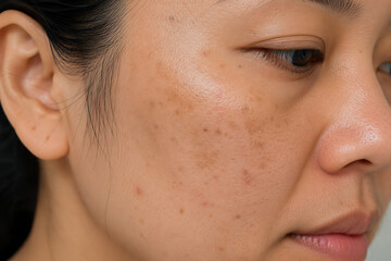 Fototapeta premium Hyperpigmentation on Right Cheek of Asian Woman Close Up with Natural Skin Textur