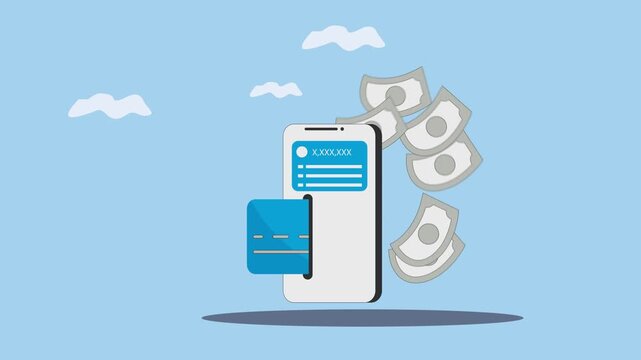 Online money transferring and payment system inside a smartphone.  Using an ATM card inside a smartphone, digital payment method 4K footage. Transferring money with smarthpone animated.