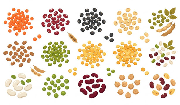 Healthy legume collection with lentils soybeans adzuki and mung beans vector illustration