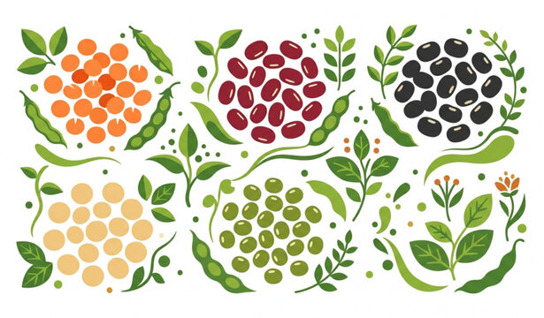 Assorted legume seed vector pack with lentils soybeans and mung beans isolated on white