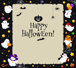 Obraz premium Halloween festive banner with kawaii ghosts, cobweb and old paper scroll parchment, cartoon vector. Happy Halloween holiday banner with pumpkin lantern, funny spooky ghosts and treat or trick candy