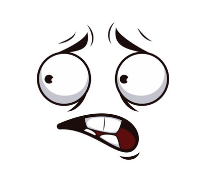Scared emotion and expression face or cartoon emoji with frightened look from panic or fear. Cartoon face with oops or guilty confused emotion expression with chattering teeth and fearful eyes
