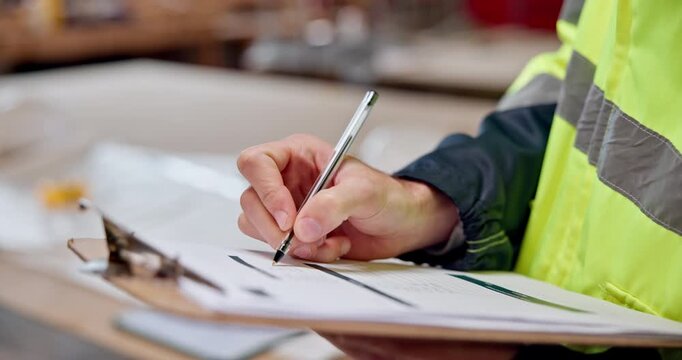 Man, hands and writing with clipboard for logistics, inventory management and plan for distribution. Person, checklist notes and paperwork in workplace for supply chain, dispatch and shipping info.