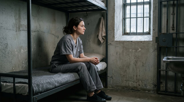 Young female inmate sitting on prison bed in concrete cell, looking toward barred window with soft daylight. Female incarceration concept