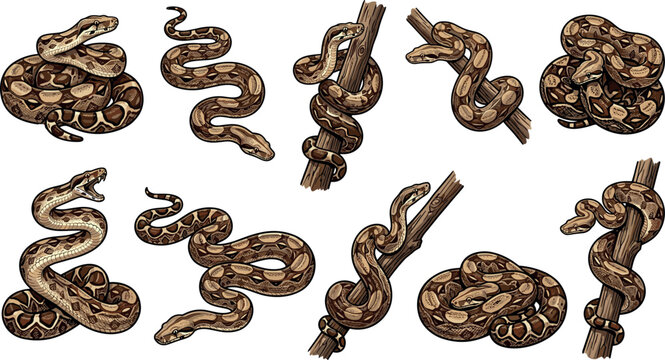Boa Constrictor Snake Vector Graphic Illustration Set Featuring Various Python Reptile Poses Coiled Around Tree Branches for Zoo and Wildlife Education DesignsBoa Constrictor Snake Vector Graphic Illu