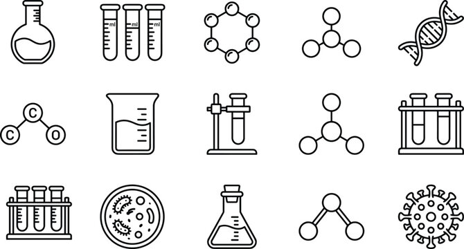 Science and chemistry line icon set featuring laboratory glass beakers, test tubes, DNA helix, molecules, petri dish, and virus.