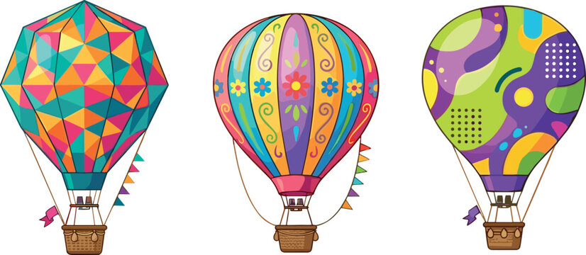 Colorful Hot Air Balloon Vector Illustration Set with Geometric Floral and Abstract Patterns for Summer Festival Travel and Adventure Graphic DesignsColorful Hot Air Balloon Vector Illustration Set wi