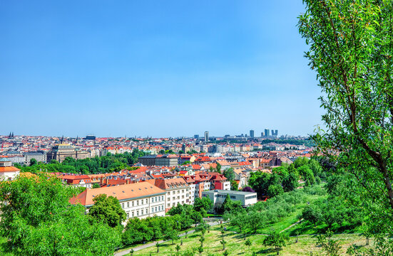 Summer landscape of Prague through green trees in Czech Republic, scenery view from Petrin hill