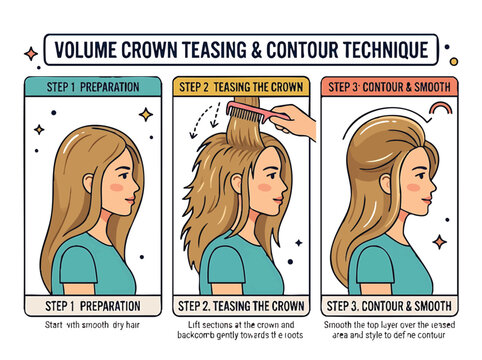 woman hair styling steps for volume crown teasing and contour technique