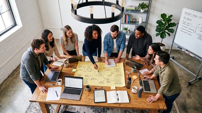 Startup team brainstorming product ideas from top view in office. Concept of collaborative planning, creative workflow, business strategy, design sprint, team productivity.