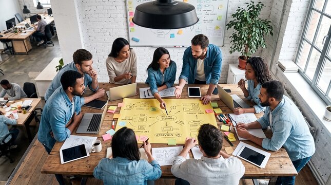 Startup team brainstorming product ideas from top view in office. Concept of collaborative planning, creative workflow, business strategy, design sprint, team productivity.