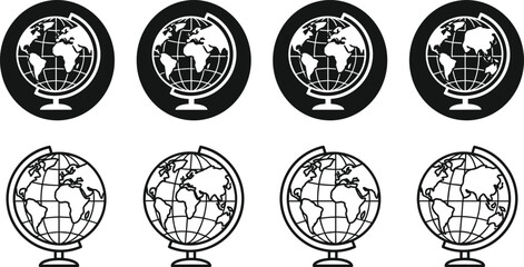 Set of globe icons in solid black circles and outline styles for web and graphic design © MdAminur