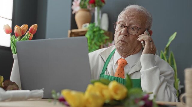 Man florist holding smartphone to ear while seated behind laptop amid tulips, bouquets and vases in a flower shop; quiet concentration.