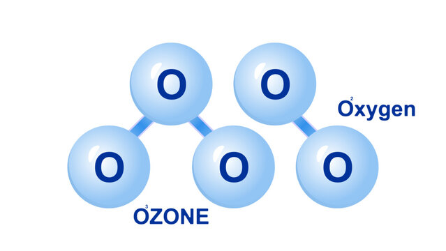 Ozone O3 and oxygen O2 gas molecule chemical structure model comparison. Minimalist blue atom bond diagram vector graphic illustration isolated on white background.