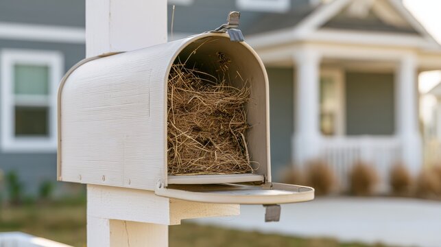 Empty mailbox filled with dry grass near a house in a residential area during the day