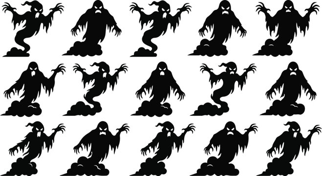 Halloween bundle set haunting ghost phantoms silhouettes background pattern