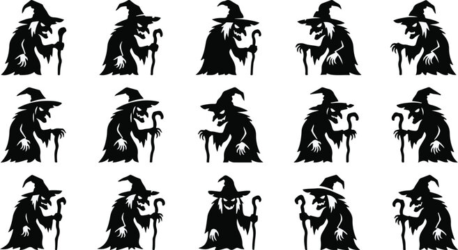 Halloween bundle set of old witch silhouettes holding walking stick