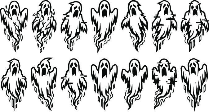 Halloween bundle set flying ghost phantoms hand drawn sketch pattern