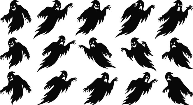 Halloween bundle set creepy ghost shadow silhouettes hunting spirit icons