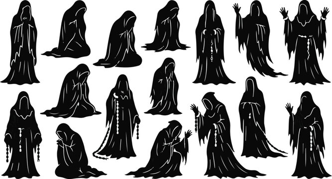 Halloween bundle set grim reaper silhouette hooded ghost death vector