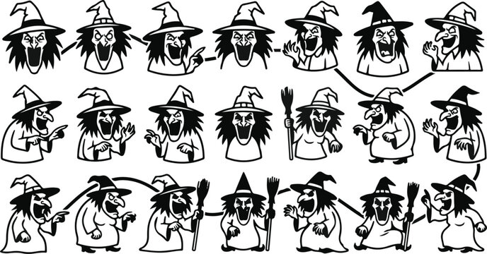 Halloween bundle set cartoon witch faces line art seamless pattern