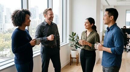 Obraz premium Four diverse business colleagues smiling and chatting casually in a modern office space with large windows overlooking a city skyline.