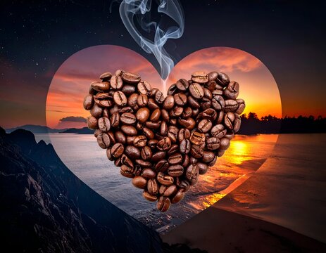 Coffee Bean Heart with Sunset Backdrop - Aromatic Love and Warmth.