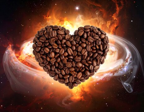 Coffee Bean Heart in Cosmic Fire - A Love for Coffee.