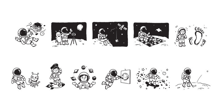 Hand drawn astronaut character daily activity space adventure doodle vector set