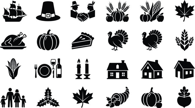 Thanksgiving icon set with holiday symbols pumpkin turkey pilgrim hat and harvest elements for autumn celebration vector
