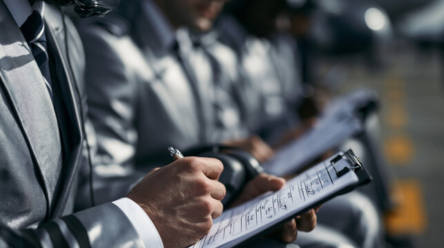Airplane Pilot Crew Reviewing Checklist Before Flight