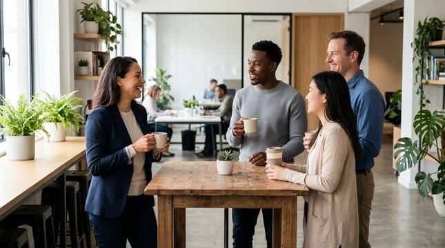 Diverse group of business colleagues enjoying a coffee break and conversation in a modern, bright office space filled with plants.