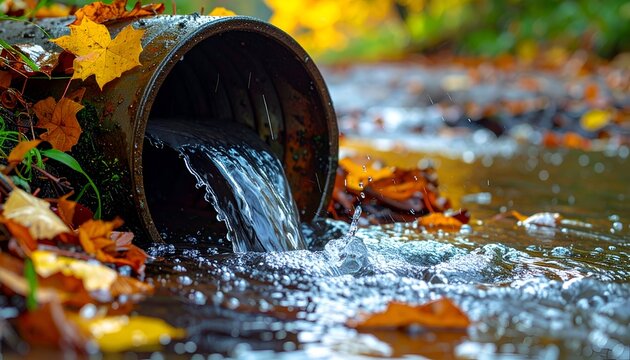 Water flowing from a pipe into a stream in autumn.