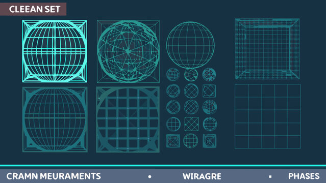 Geometric shapes vector set with grid lines and wireframes on dark background for design and engineering