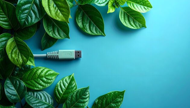 Green Technology - Ethernet cable amidst vibrant foliage on blue background.
