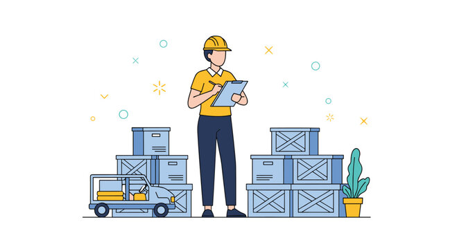 Logistics warehouse worker in a yellow hard hat taking notes on a clipboard next to stacks of blue cargo boxes and wooden crates.
