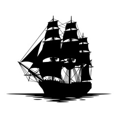 Black silhouette of a classic tall sailing ship with multiple masts and sails, isolated on a white background, nautical maritime © SHARI