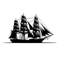 Black silhouette of a large vintage sailing ship with multiple masts and sails, isolated on a white background, nautical maritime © SHARI