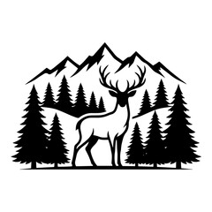 Detailed black silhouette of a deer standing in a coniferous forest with large mountain ranges in the background, on a white background © SHARI