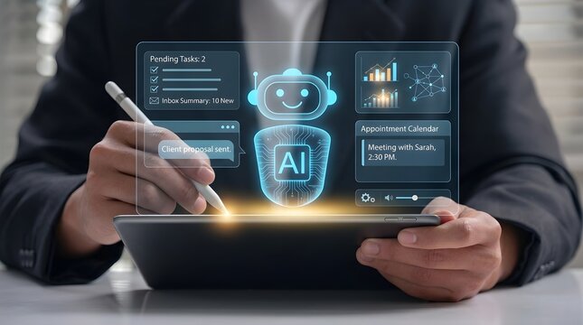 Business professional interacting with futuristic AI interface on digital tablet with stylus