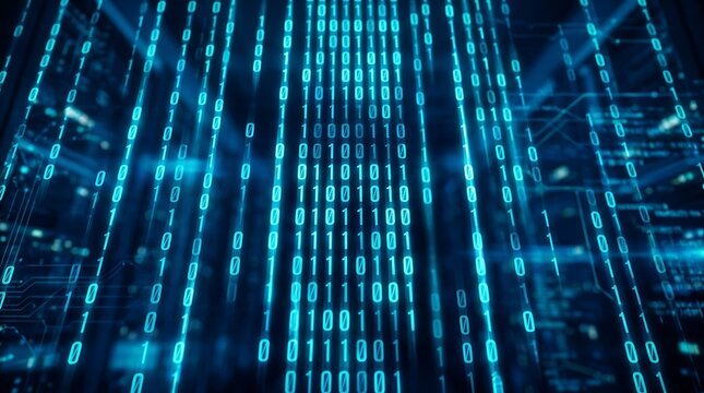 Abstract digital background with streaming blue binary data code