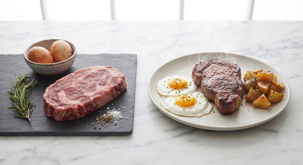 A clean product shot showcasing the raw ingredients vs. the finished classic. On a white marble counter sits a raw, marbled ribeye steak, two farm-fresh eggs in a small bowl, a sprig of rosemary, 