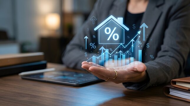 Businessperson analyzing financial growth with percentage and graph icons on hand in office setting