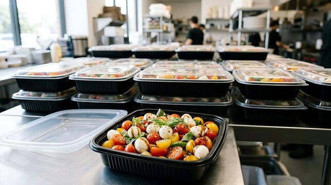 Fresh caprese salad meal prep containers in commercial kitchen